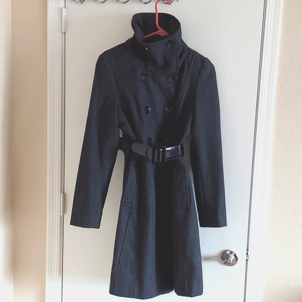 Guess Lightly Worn Ladies Size Medium Wool Coat Black/Grey Belted - Picture 1 of 13